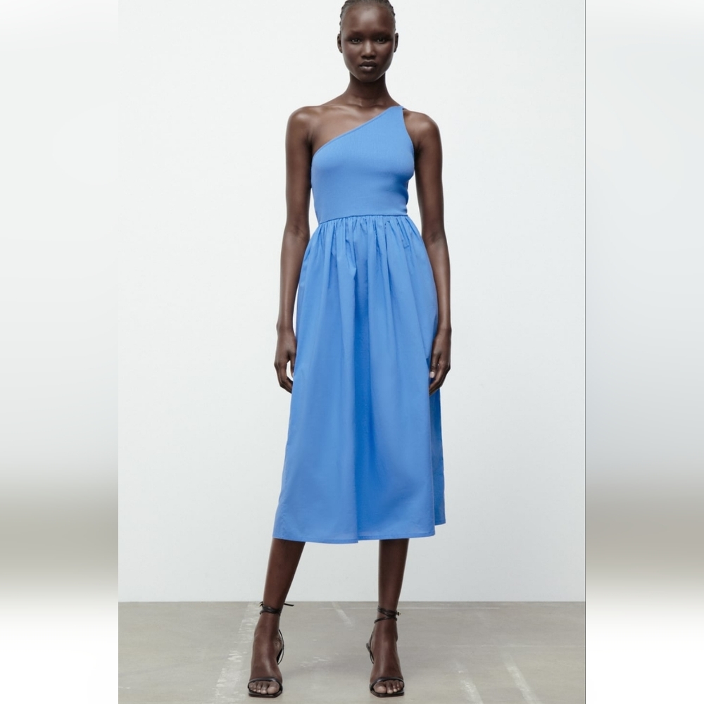 Zara Asymmetric Dress Blue One Shoulder size S small